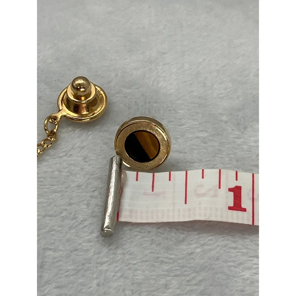 Vtg Gold Tone Tigers Eye/ Onyx Tie Tack Pin Old Money MCM‎ Estate